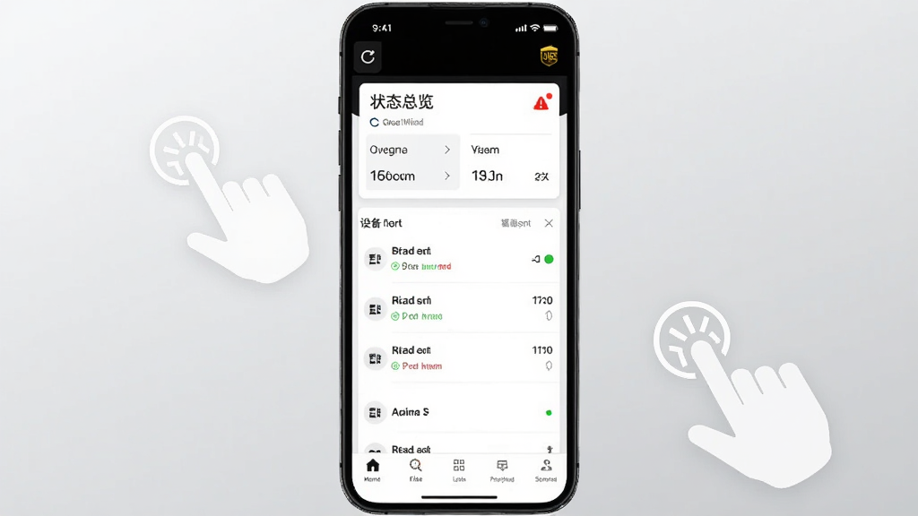 UPS云管理手机端操作界面截图,画面展示手机屏幕从上到下依次为状态总览卡片、设备列表、底部导航栏,屏幕周围有手指点击图标示意操作,背景为浅灰色渐变,布局为手机居中展示,风格为干净的产品展示图,细节包括刷新按钮、告警红点、设备在线绿点,画质清晰,干净无多余元素