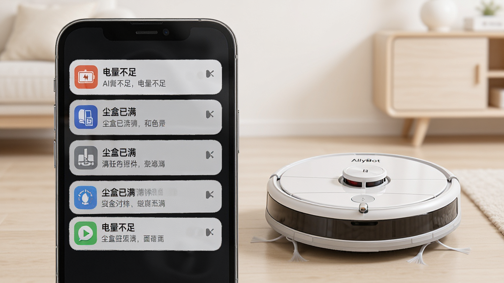 一张AllyBot实时通知功能的AI生图,主体为一部手机屏幕显示多条通知消息,包括“电量不足”、“尘盒已满”等提示,手机旁边有一个智能扫地机器人。布局为手机和机器人并排展示,背景为浅色家居环境。细节上通知图标醒目,文字清晰可读,手机界面简洁。画质高清,干净无多余元素,图片中带有“AllyBot”文字。