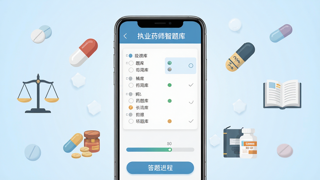 执业药师智题库手机应用界面展示,画面中央是一部竖屏智能手机,屏幕显示题库练习界面,包含选择题选项和答题进度条,手机周围环绕药学相关图标如药片、胶囊、天平、书本等元素,整体布局简洁明了,背景为淡蓝色渐变,风格为扁平化UI设计,细节包括清晰的文字标签和按钮,画质高清干净无多余元素