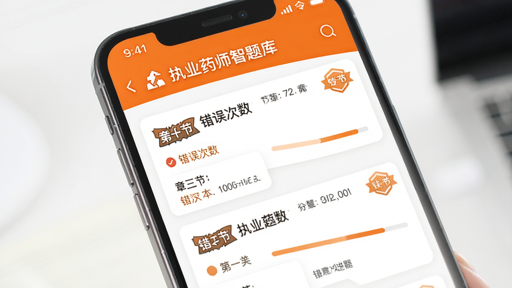 执业药师智题库错题本功能界面,手机屏幕显示错题列表,每道错题标注错误次数和所属章节,界面配色以橙色和白色为主,布局清晰,风格为移动端卡片式设计,细节包括标签徽章和进度指示器,画质高清干净无多余元素