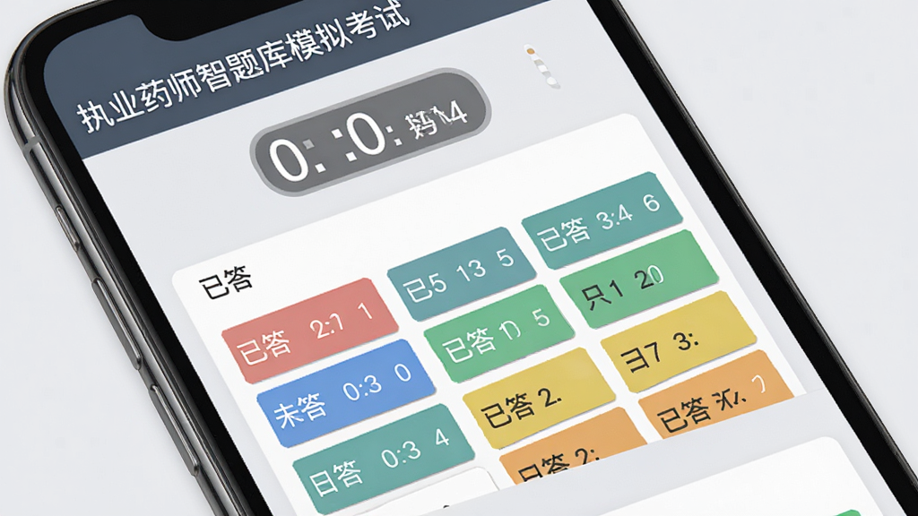 执业药师智题库模拟考试界面,手机屏幕展示考试倒计时和答题卡,答题卡上用不同颜色标注已答和未答题目,背景为淡灰色,风格为专业考试系统UI,细节包括计时器数字和题号网格,画质高清干净无多余元素