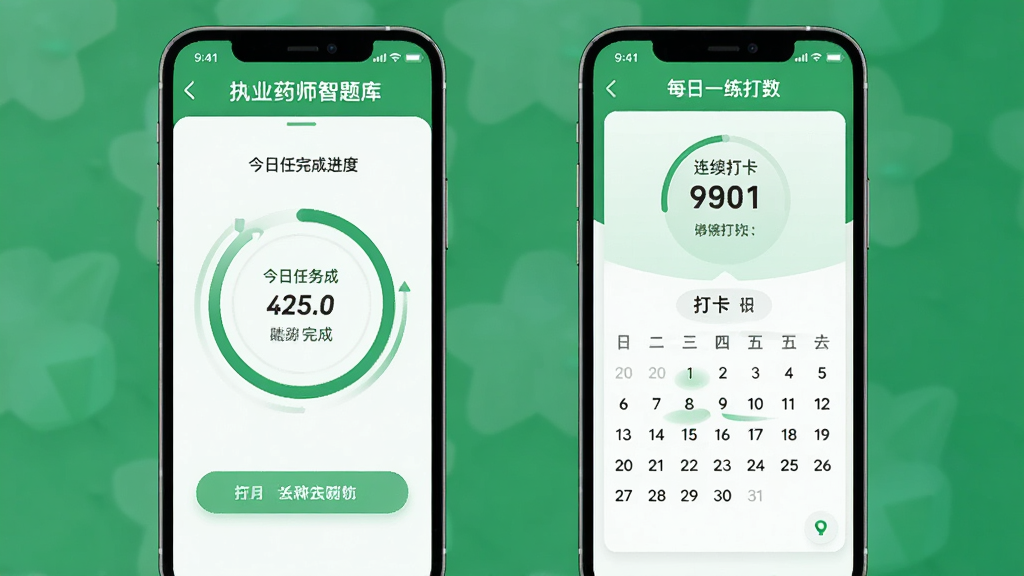 执业药师智题库每日一练打卡界面,手机屏幕显示今日任务完成进度环和连续打卡天数,界面配色以绿色和白色为主,风格为清新健康类应用设计,细节包括进度环动画效果和打卡日历,画质高清干净无多余元素