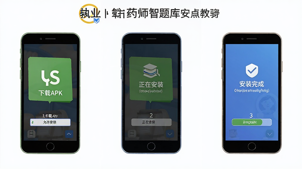 执业药师智题库安卓手机安装步骤示意图,画面展示手机屏幕从下载APK到安装完成的三个步骤,包含