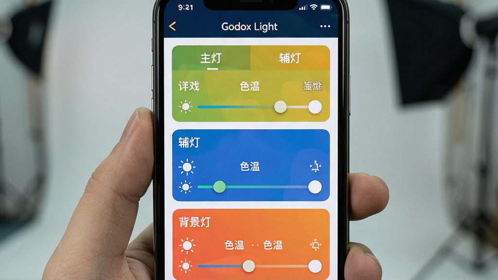 一张展示 Godox Light 应用内多灯分组管理界面的图片,主体是手机屏幕特写,屏幕上显示多个灯光分组标签如 “主灯”“辅灯”“背景灯”,每组下方有亮度和色温滑块;布局为手机正面居中;排版上分组卡片纵向排列,色彩区分明显;风格为简洁UI展示风,细节上突出 “Godox Light” 应用标题和分组名称文字,画质清晰干净
