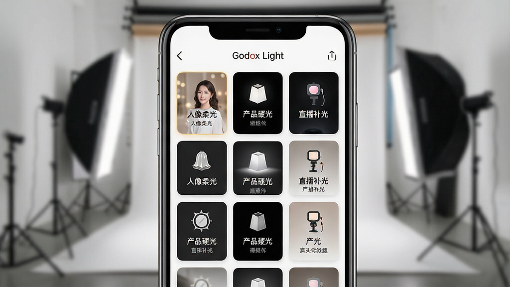 一张展示 Godox Light 应用场景预设列表界面的图片,主体是手机屏幕显示多个预设卡片,卡片上写有 “人像柔光”“产品硬光”“直播补光” 等文字;布局为手机居中,背景是虚化的摄影棚;排版上卡片呈网格排列,每张卡片配有小图标;风格为清新应用展示风,细节上突出 “Godox Light” 应用名称和预设名称文字,画质清晰干净