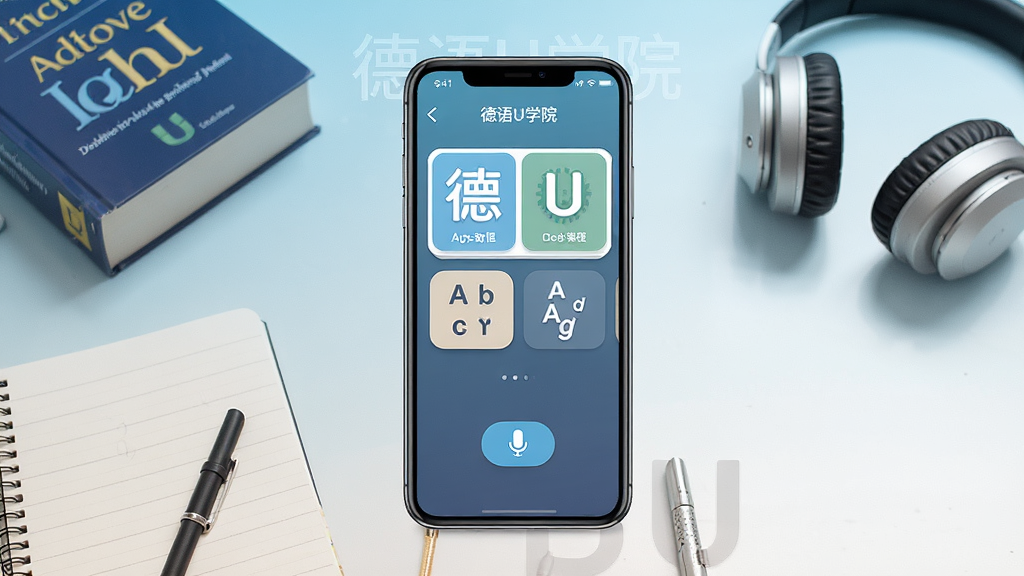 一张展示德语U学院软件主界面的图片,画面中央放置一部智能手机,手机屏幕上显示德语U学院的应用界面,包含课程卡片、字母表图标和麦克风跟读按钮。背景为浅蓝色与白色渐变,书桌上散落着德语词典、笔记本和一副耳机。整体风格清新明快,排版简洁,画质清晰干净,无多余装饰元素,手机屏幕中隐约可见“德语U学院”字样