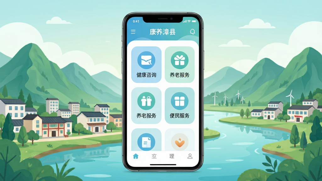 康养漳县软件主界面全貌展示,画面中央放置一部智能手机,屏幕显示康养漳县APP首页,包含健康咨询、养老服务、便民服务等清晰的功能图标模块,背景为漳县城市风光与青山绿水相融合的插画风格,主体突出手机屏幕内容,布局居中对称,排版简洁明快,风格为现代扁平化UI设计,细节上图标圆润、色彩柔和以蓝绿色调为主,画质高清干净无多余元素