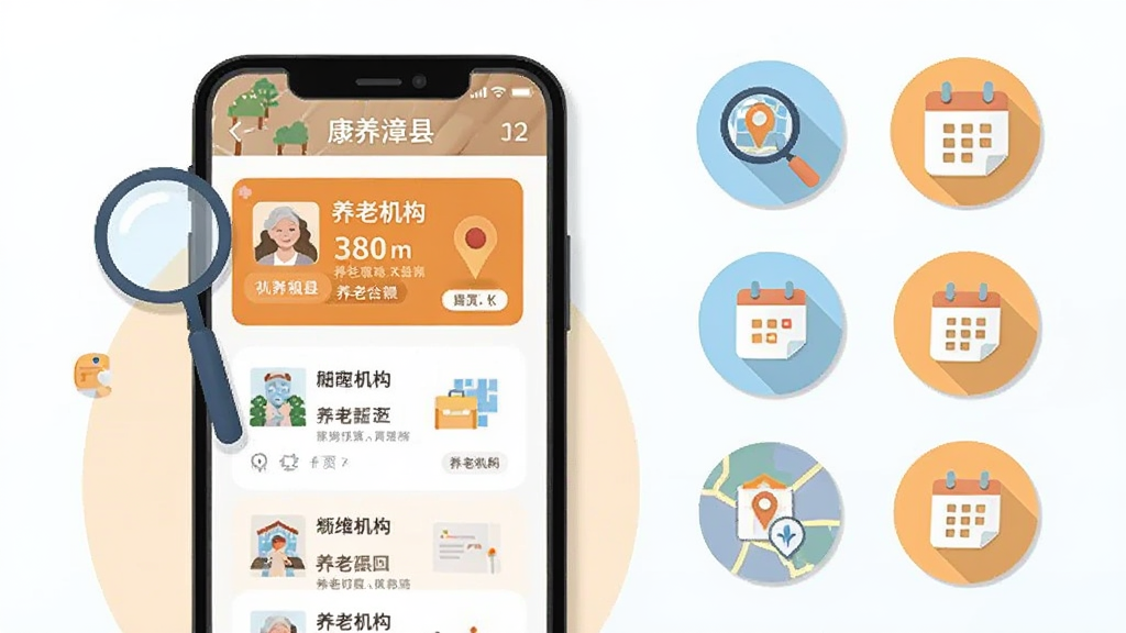 康养漳县APP内养老服务查询页面截图风格插画,画面展示手机屏幕中呈现养老机构列表与地图标注,屏幕旁点缀放大镜、日历预约图标,主体为手机界面展示,布局采用左侧手机右侧功能图标环绕的方式,风格为清新扁平化矢量插画,细节上机构卡片清晰、配色以暖橙色与浅蓝色搭配,画质高清干净无多余元素