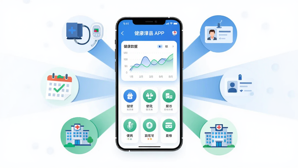 康养漳县APP健康档案与便民服务功能展示图,画面中央一部手机展示健康数据图表与便民服务图标网格,手机周围环绕血压计、日历提醒、身份证、医院建筑等小图标,主体为手机屏幕内容,布局呈放射状排列,风格为现代科技感扁平插画,细节上图表线条流畅、图标简洁明了、色调以蓝白绿为主,画质高清干净无多余元素
