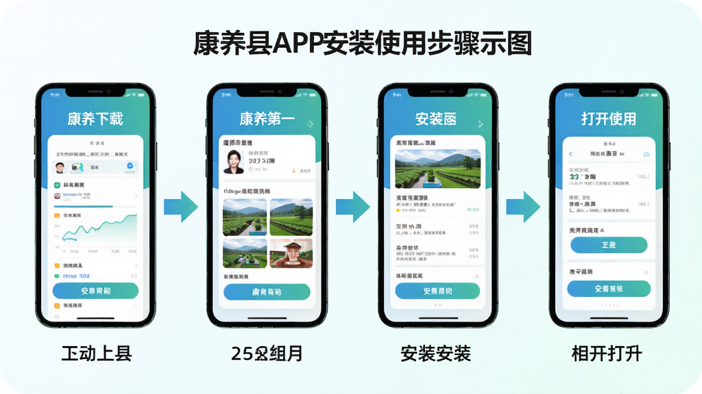 康养漳县APP安装使用步骤示意图,画面展示从下载到安装再到打开使用的四步流程,每一步用手机屏幕截图风格呈现,主体为四部手机横向排列展示不同阶段界面,布局均匀分布,风格为简洁明快的扁平化示意图,细节上步骤之间用箭头连接、配色以蓝绿渐变为主、文字标注清晰,画质高清干净无多余元素