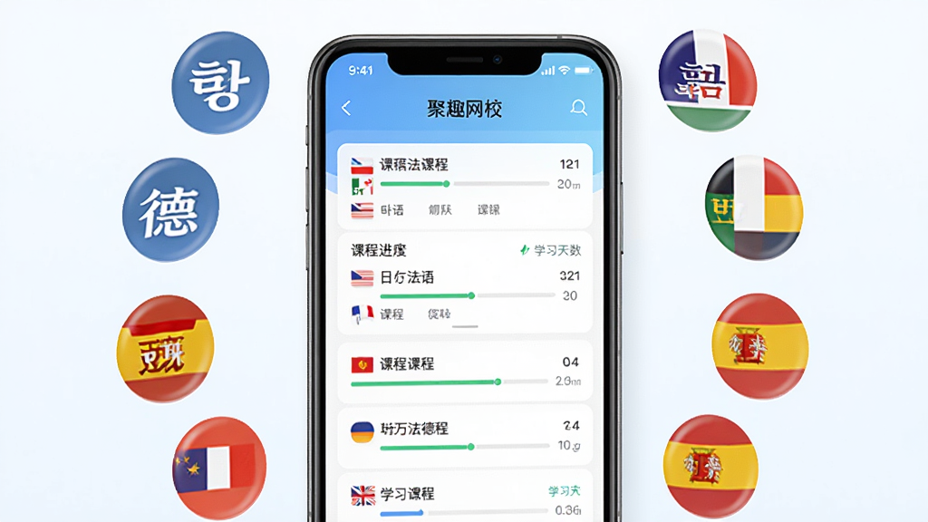 聚趣网校多语种课程界面展示,画面中有韩语日语法语德语西班牙语等多国语言标识环绕手机屏幕,屏幕内显示课程分类列表,布局对称均衡,风格清新明亮,细节包括国旗图标、课程进度条、学习天数统计,画质高清干净无多余元素