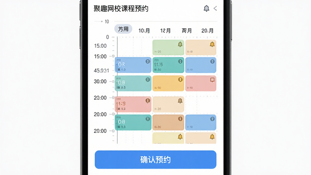 聚趣网校课程预约日历界面,手机屏幕中显示一周时间表和可预约时段,屏幕下方有确认预约按钮,布局清晰时间轴排列,风格简洁高效,细节包括日期标签、时段色块、提醒铃铛图标,画质高清干净无多余元素
