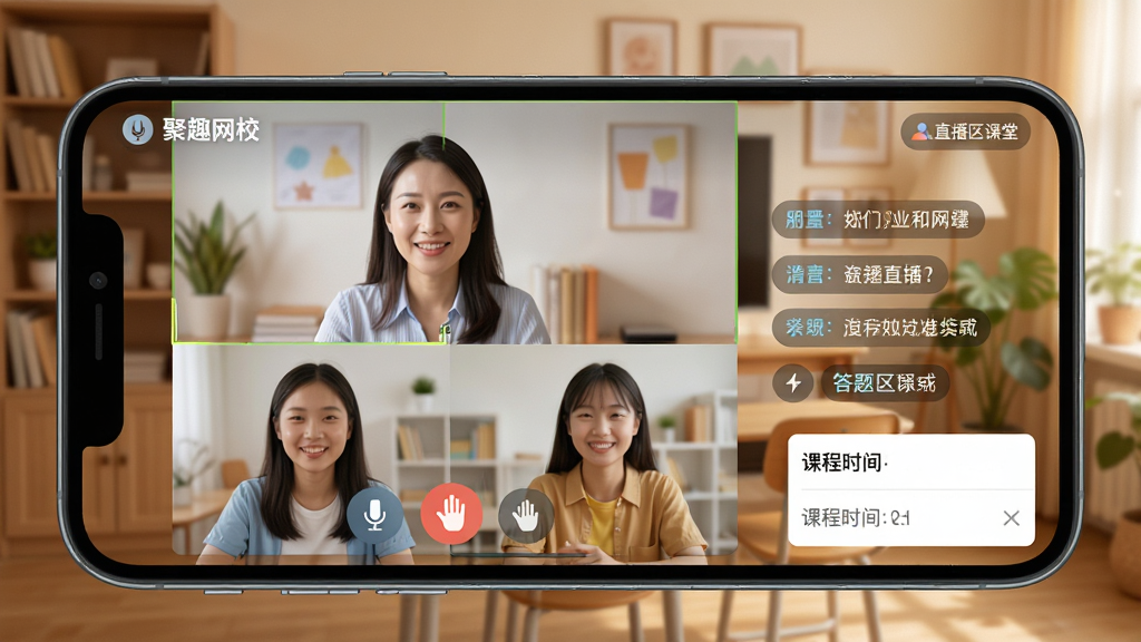 聚趣网校直播课堂场景,手机屏幕中显示老师和学生连麦互动画面,屏幕右侧有聊天区和答题区,背景是温馨的在线教室风格,布局上下结构清晰,细节包括麦克风图标、举手按钮、课程时间提示,画质高清干净无多余元素