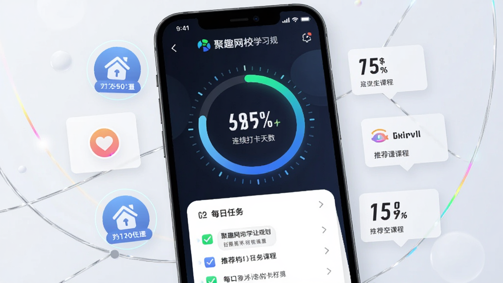 聚趣网校学习规划界面,手机屏幕中显示学习进度环形图和每日任务清单,周围环绕打卡图标和词汇卡片,布局中心突出四周分布,风格科技感十足,细节包括进度百分比、连续打卡天数、推荐课程标签,画质高清干净无多余元素