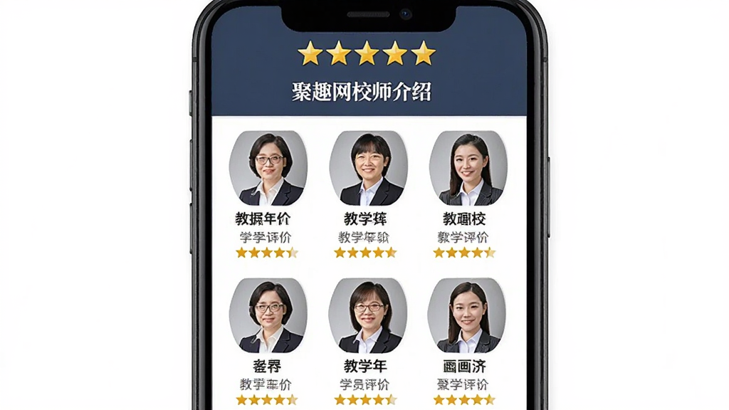 聚趣网校名师介绍页面,手机屏幕中展示多位教师头像和资质信息,屏幕上方有五星好评标识,布局网格状排列整齐,风格专业稳重,细节包括教师姓名、教学年限、学员评价星级,画质高清干净无多余元素