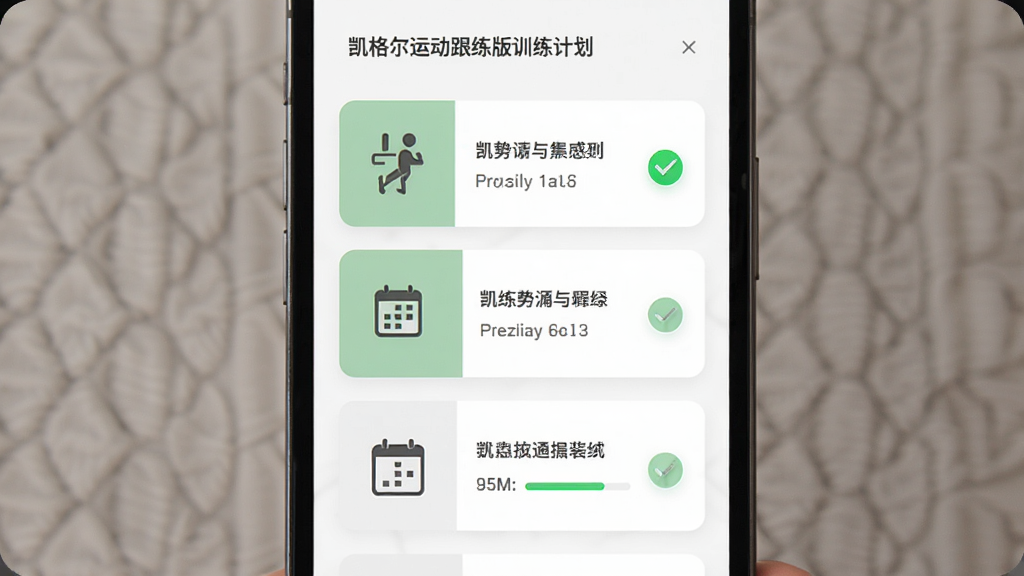 凯格尔运动跟练版训练计划页面,主体为手机屏幕展示阶梯式训练阶段卡片,布局为纵向列表,排版左侧图标右侧文字,风格为简约健康风,细节包括绿色勾选标记、日历图标、进度百分比,画质高清干净无多余元素