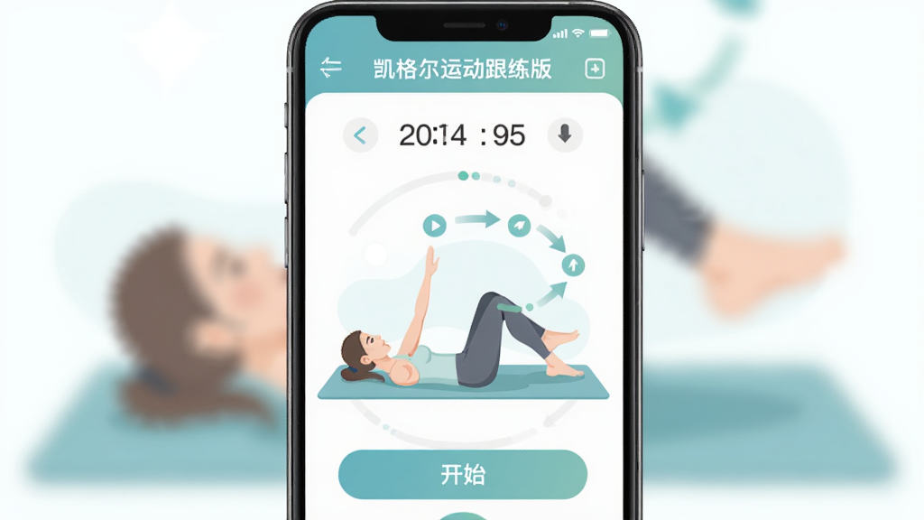 手机屏幕竖版展示凯格尔运动跟练版界面,主体为一位女性在瑜伽垫上做凯格尔训练,屏幕显示训练倒计时和动画引导,布局为上方软件名称凯格尔运动跟练版,中间训练动作示意图,下方开始按钮,排版简洁清晰,风格为健康医疗类扁平插画风,细节包括柔和蓝绿色调、简洁图标、进度环,画质高清干净无多余元素