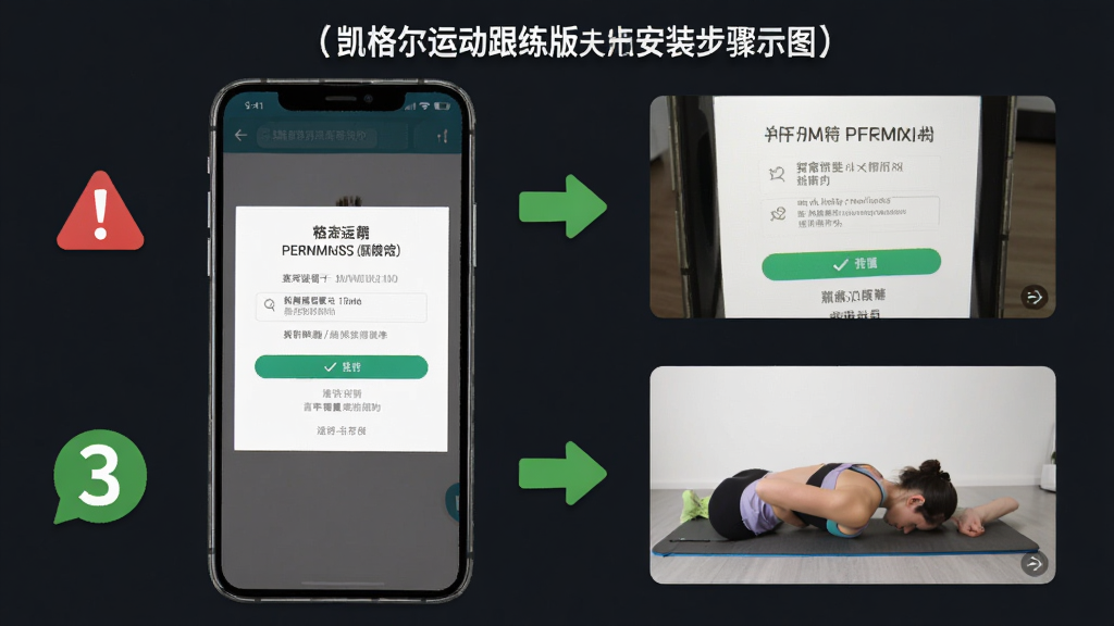 凯格尔运动跟练版安卓手机安装步骤示意图,主体为手机屏幕显示安装权限设置页面,布局为上下分步展示,排版左侧步骤序号右侧操作截图,风格为教程指引风,细节包括红色警示图标、绿色对勾、箭头指示,画质高清干净无多余元素