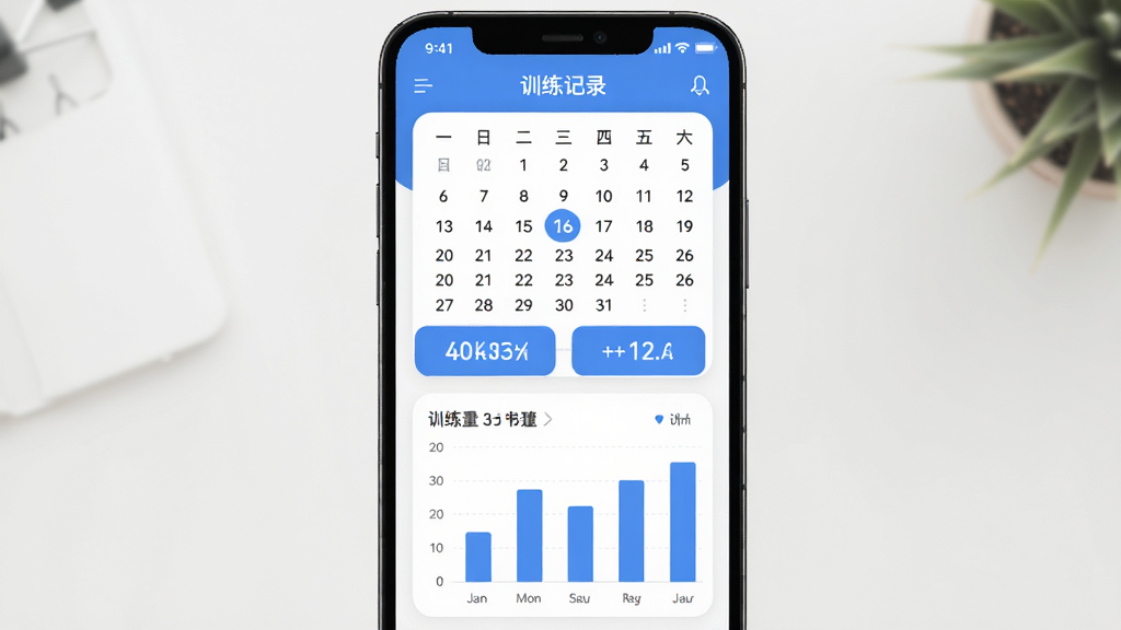 凯格尔运动跟练版数据记录页面,主体为手机屏幕展示训练日历与统计图表,布局为上方日历下方柱状图,排版清晰规整,风格为现代简约风,细节包括蓝色主题色、圆角卡片、数字统计,画质高清干净无多余元素