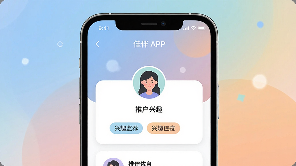 一张展示佳伴软件核心界面的插画,主体是智能手机屏幕,屏幕上显示佳伴APP的用户推荐卡片界面,包含用户头像和兴趣标签,布局居中,排版简洁,风格为现代扁平化设计,细节包括柔和的渐变背景和圆角卡片,画质清晰,干净,无多余元素