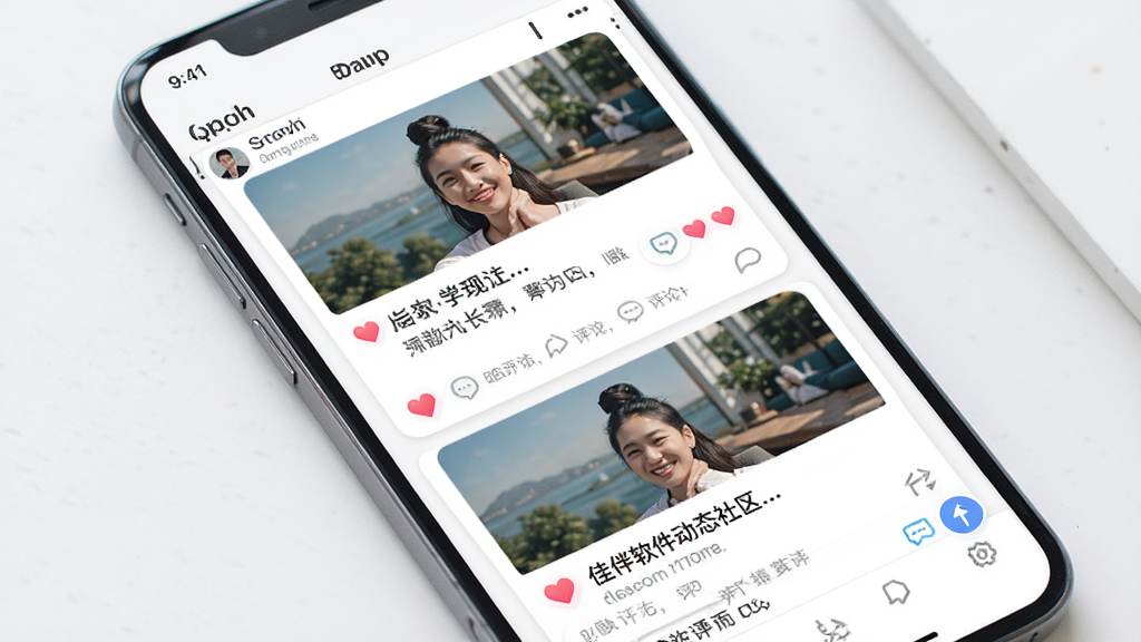 佳伴软件动态社区界面的AI生图,画面主体是手机屏幕显示动态信息流,包含图片和文字卡片,布局为上下滑动列表,排版清晰,风格为清新社交媒体风格,细节有爱心点赞图标和评论气泡,画质干净,无多余元素