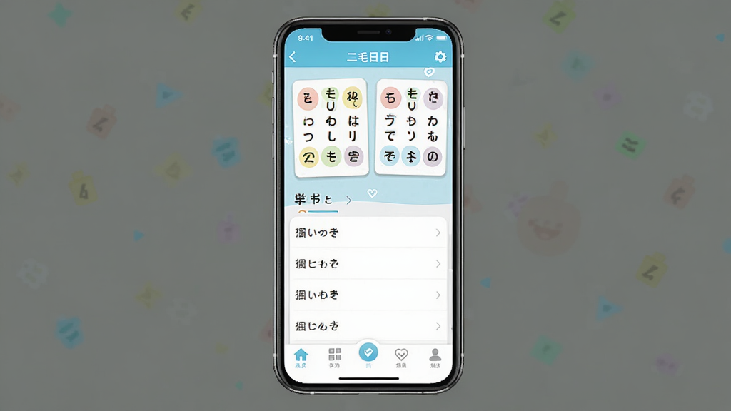 二毛日语软件主界面展示,主体为手机屏幕中显示日语学习应用界面,布局居中,排版整齐,风格清新卡通,细节包含五十音图卡片、单词列表和底部导航栏,画质清晰,干净,无多余元素