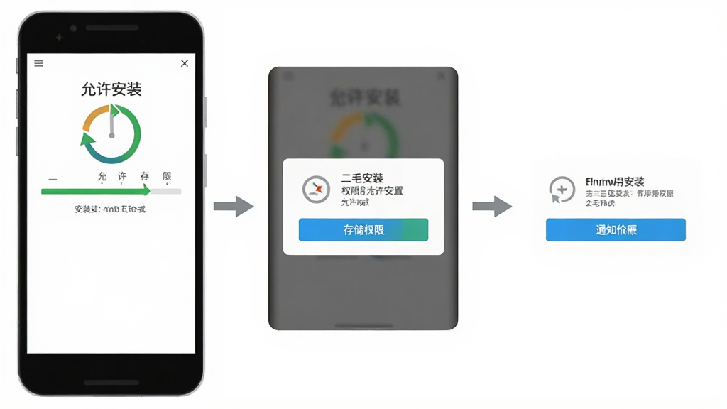 二毛日语安装与权限设置示意图,主体为手机屏幕显示安装进度与权限弹窗,布局为步骤式排列,排版直观,风格扁平化,细节包含允许安装、存储权限和通知权限按钮,画质清晰,干净,无多余元素