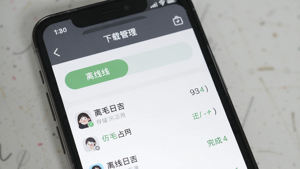 二毛日语离线学习功能展示,主体为手机屏幕显示下载管理界面,布局为列表形式,排版清晰,风格简约现代,细节包含离线按钮、存储占用提示和完成状态,画质清晰,干净,无多余元素