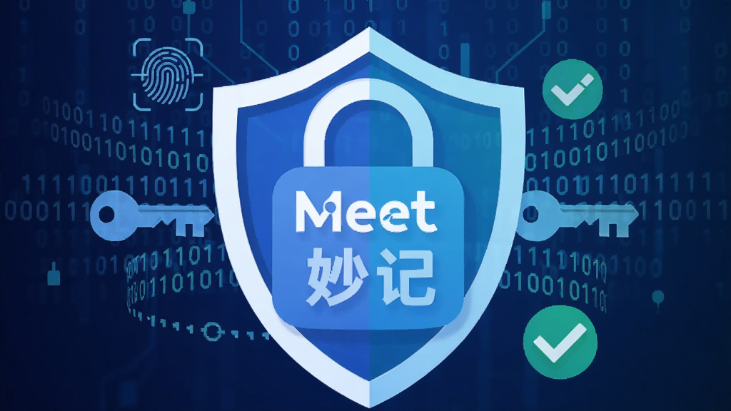 画面主体是一个盾牌图标与锁形符号结合,盾牌内部显示“Meet妙记”字样,周围环绕着数据加密的二进制代码和钥匙图案,背景为深蓝色科技感渐变,风格为安全主题扁平插画,细节包括指纹识别图标和勾选标记,画质清晰,干净无多余元素。