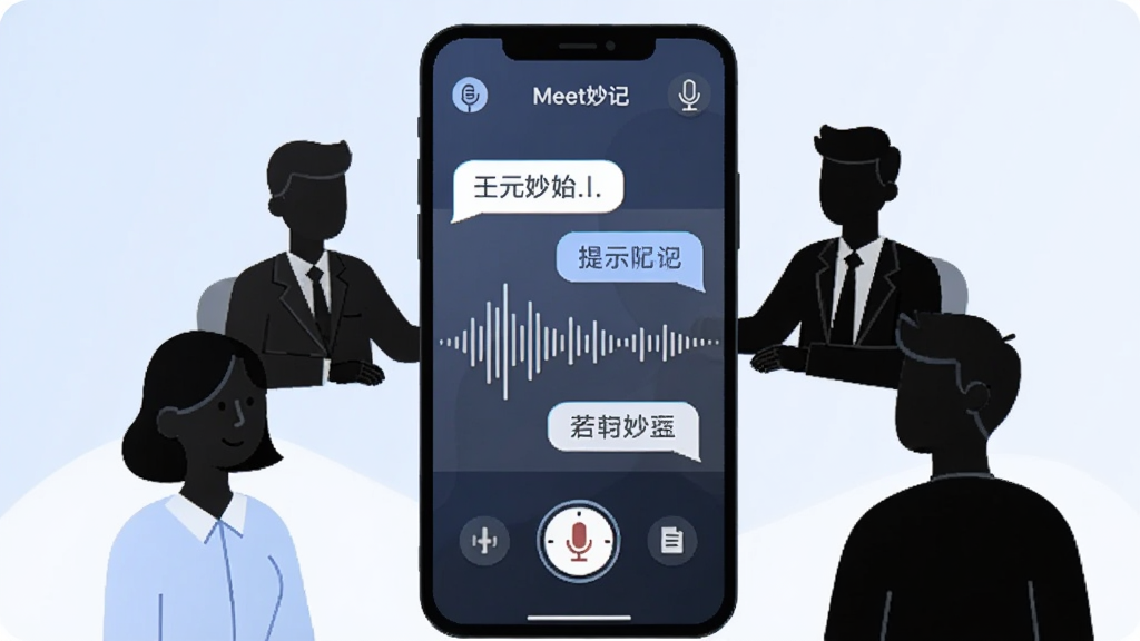 画面主体是一个正在录音的手机界面,屏幕中显示声波波形和不断浮现的文字气泡,手机周围环绕着几个简约的会议人物剪影,背景为淡蓝色渐变,风格为现代扁平插画,细节包括麦克风图标、时钟和文档符号,画质清晰,干净无多余元素,画面中带有“Meet妙记”文字标识。