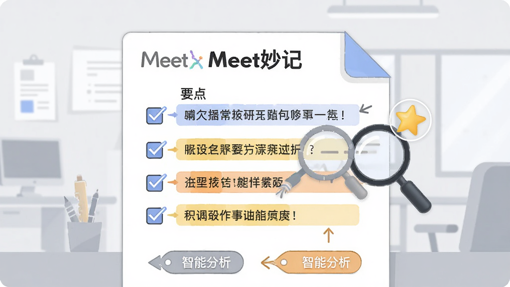 画面中央是一份虚拟的会议纪要文档,文档上方有“Meet妙记”标题,文档中高亮显示了几个要点条目,旁边有放大镜和星星图标表示智能分析,背景为简洁的浅灰色办公环境,风格为商务扁平插画,细节包括勾选框、箭头和标签,画质清晰,干净无多余元素。