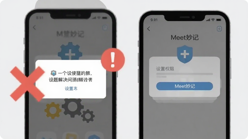 画面展示一部手机屏幕出现错误提示弹窗,旁边有红色叉号和感叹号图标,另一部手机屏幕显示设置权限的界面,背景为浅灰色,风格为扁平化问题解决插画,细节包括齿轮图标、盾牌和“Meet妙记”文字,画质清晰,干净无多余元素。