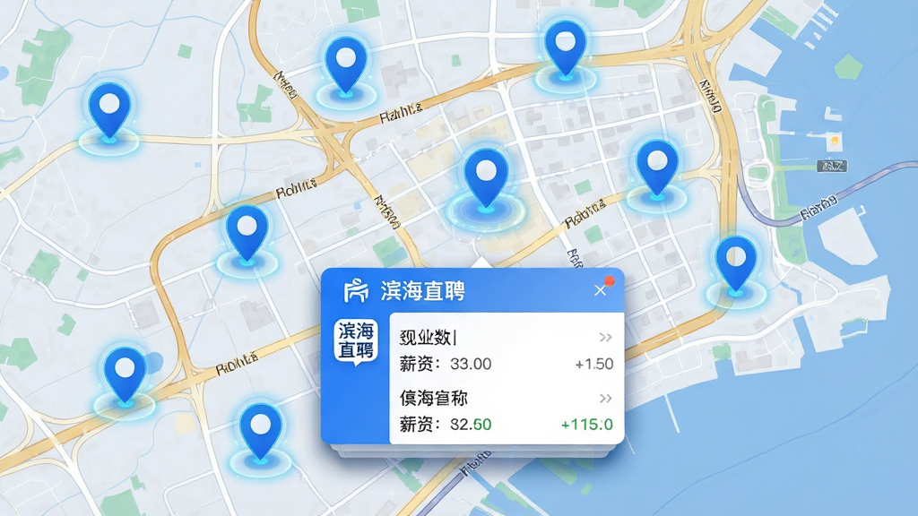 主体为一幅城市地图俯视图,地图上用蓝色定位图标标记出多个工作地点,中心位置弹出“滨海直聘”软件卡片,卡片上显示岗位名称和薪资;布局为横向宽幅画面,地图铺满背景,卡片悬浮于中下方;排版上定位图标均匀分布,卡片信息层次分明;风格为科技感数据可视化风格;细节上地图道路线条清晰,定位图标带有光晕效果,卡片有轻微投影;画质高清,画面干净,无多余元素。