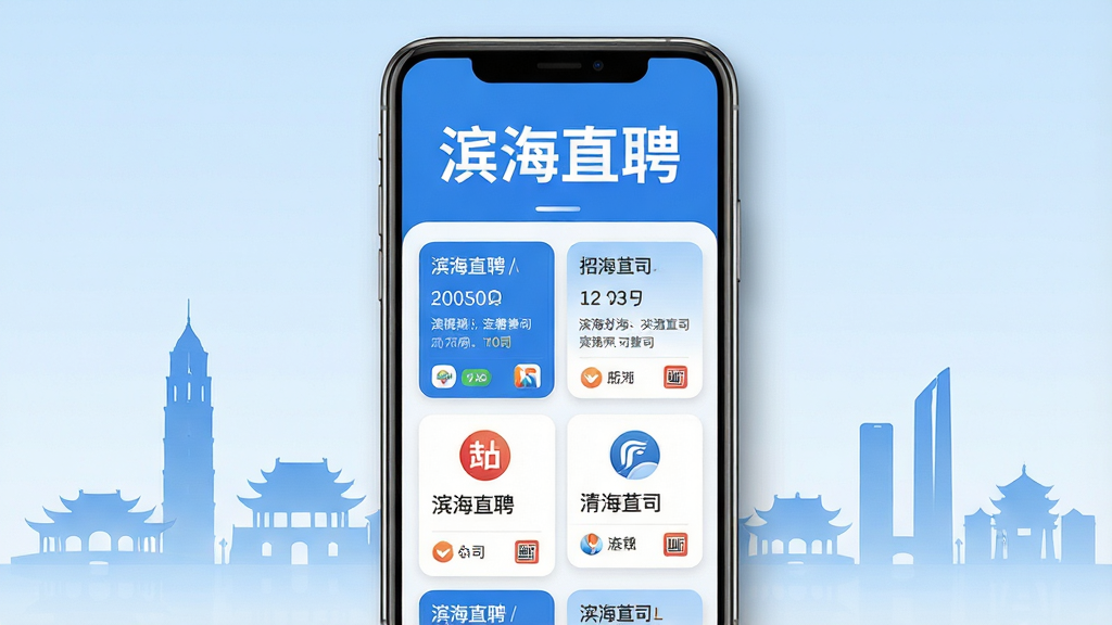 主体为一部智能手机居中放置,屏幕中显示蓝白色调的招聘软件界面,顶部为“滨海直聘”四个大字,下方排列着岗位卡片和公司图标;布局采用竖版手机海报比例,背景为浅蓝色渐变并点缀天津地标剪影;排版上软件界面占画面主体,文字与图标排列整齐;风格为现代简洁的扁平化UI展示风;细节上手机边缘有轻微阴影,界面内岗位信息清晰可辨,图标圆润;画质高清,画面干净,无多余元素。