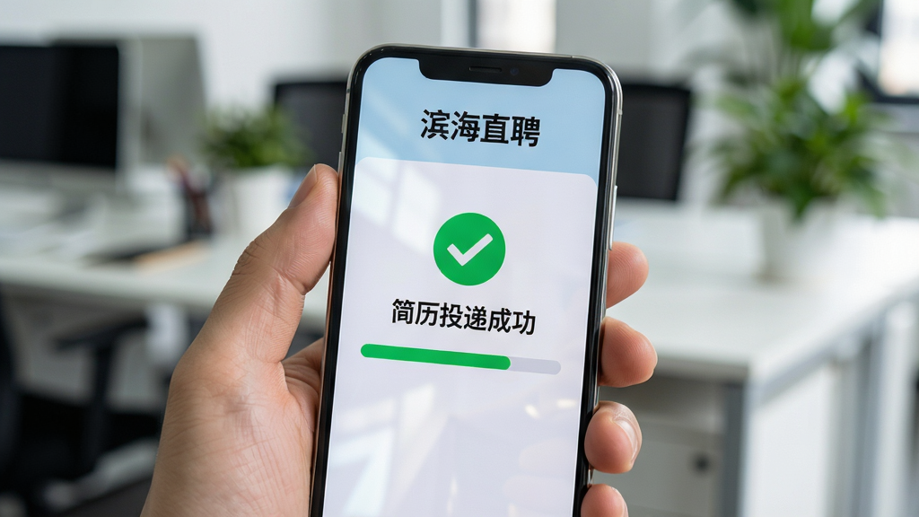 主体为一只手拿着手机,手机屏幕显示“滨海直聘”简历投递成功页面,页面中有绿色对勾图标和进度条;布局为特写镜头,手机占据画面中心,背景虚化为办公室环境;排版上手机屏幕内容清晰,进度条和状态文字突出;风格为生活化写实风格;细节上手指自然握持,屏幕有轻微反光,背景中有模糊的办公桌和绿植;画质高清,画面干净,无多余元素。