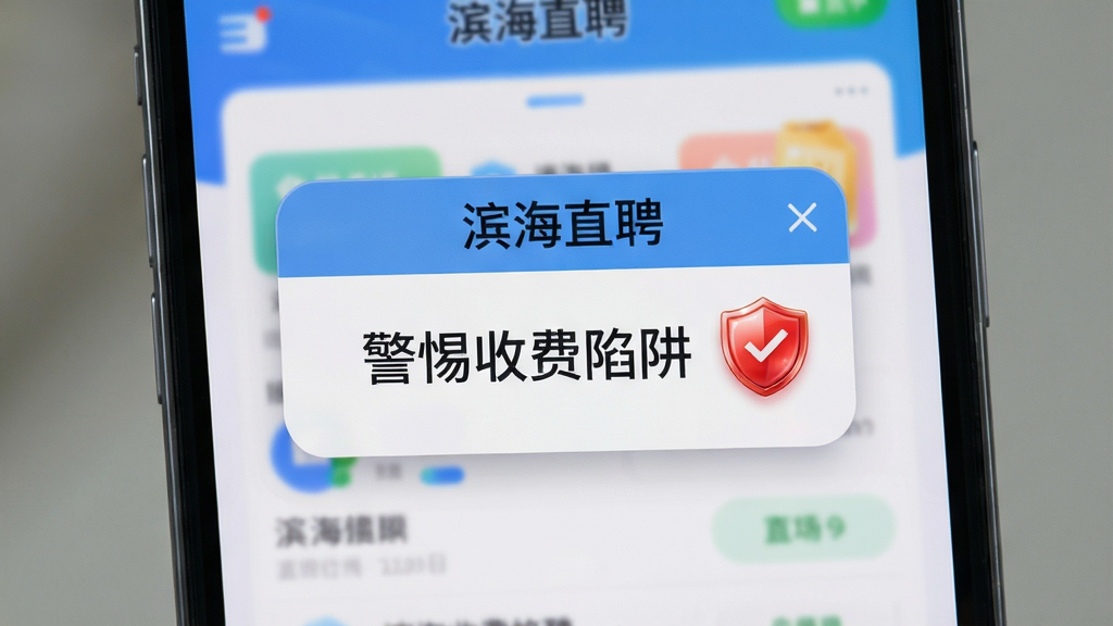 主体为一部手机屏幕特写,屏幕显示“滨海直聘”安全提示弹窗,弹窗内写有“警惕收费陷阱”字样,旁边有一个红色盾牌图标;布局为竖版手机界面截图风格,弹窗居中;排版上文字和图标排列紧凑,背景为软件首页模糊界面;风格为安全警示风格;细节上盾牌图标有光泽感,弹窗边缘圆润,背景界面色彩柔和;画质高清,画面干净,无多余元素。