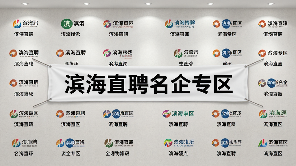 主体为一排企业logo墙,每个logo下方标注企业名称,墙面中央悬挂“滨海直聘名企专区”横幅;布局为正面平视视角,logo墙占满画面;排版上logo排列整齐,横幅居中醒目;风格为商务简约风格;细节上logo色彩丰富但统一,墙面有轻微纹理,横幅字体粗壮;画质高清,画面干净,无多余元素。