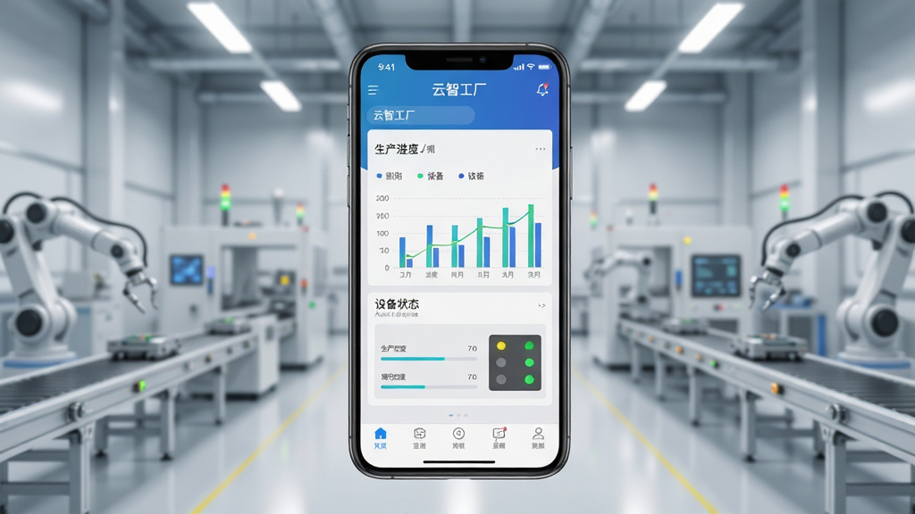 工业制造场景中,一部智能手机屏幕显示“云智工厂”应用界面,界面包含生产进度图表与设备状态指示灯,背景为整洁的现代化车间环境,布局居中,风格写实科技感,细节清晰,画质高清,干净无多余元素