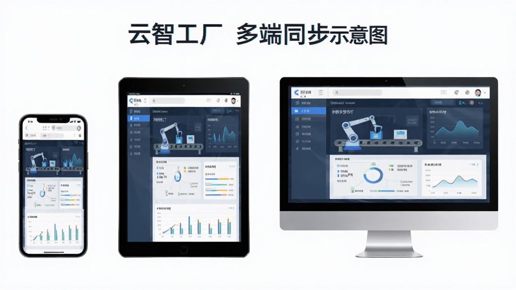 数字化工厂背景下,“云智工厂”多端同步示意图,左侧手机、中间平板、右侧电脑屏幕均显示相同数据界面,布局对称,风格扁平化科技感,细节清晰,画质干净,无多余装饰