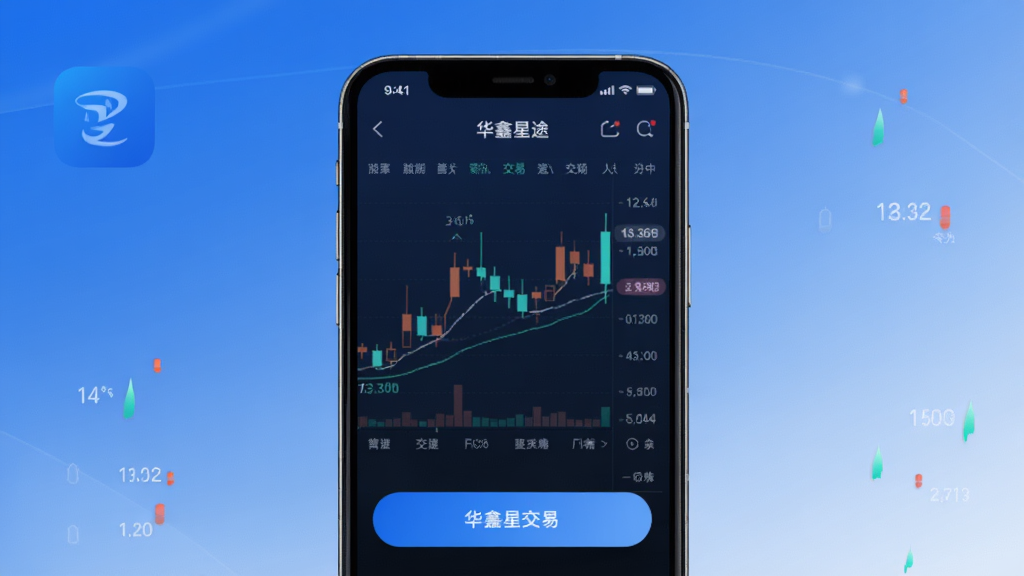 主体是华鑫星途手机应用界面展示,布局为居中放置一台智能手机,屏幕内显示股票行情K线图与交易按钮,排版采用简洁的上下结构,风格为现代科技金融风,细节包括蓝色渐变背景、数字跳动效果、干净的应用图标,画质高清,干净,无多余元素