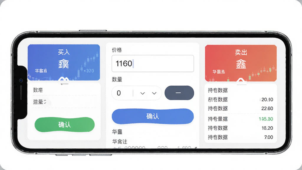 主体是华鑫星途交易下单界面,布局为手机屏幕展示买入卖出面板,排版为表单式布局,风格为简洁商务金融,细节包括价格输入框、数量选择、确认按钮、持仓数据,画质高清,干净,无多余元素