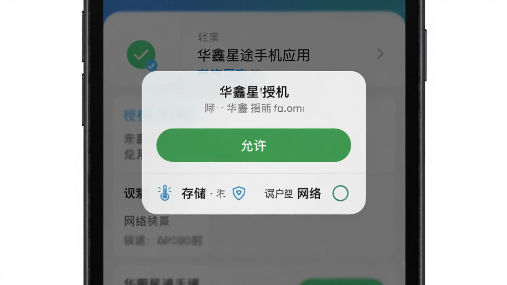 主体是华鑫星途手机应用安装设置界面,布局为手机屏幕展示权限授权弹窗,排版为居中对话框,风格为简洁系统提示风,细节包括允许按钮、权限图标、存储与网络选项,画质清晰,干净,无多余元素