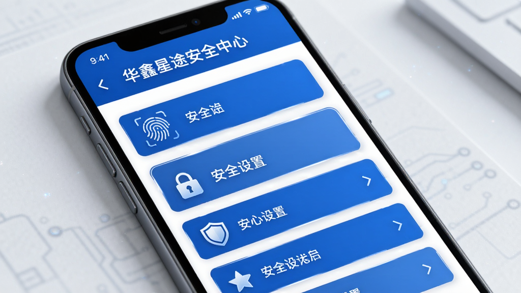 主体是华鑫星途安全中心页面,布局为手机屏幕展示安全设置选项,排版为列表式菜单,风格为稳重安全科技感,细节包括指纹图标、锁形标志、盾牌元素、蓝色主色调,画质清晰,干净,无多余元素