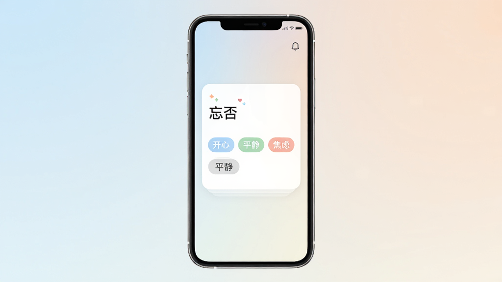 一张展示忘否软件主界面的手机样机图,画面中央是简洁的情绪记录卡片,背景是柔和的渐变色,卡片上写着“忘否”和几个情绪标签,如开心、平静、焦虑,整体风格清新简约,干净无多余元素,高画质,适合作为下载站预览图