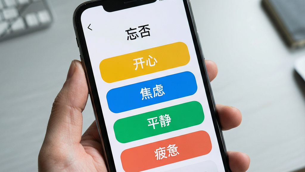 一张特写忘否情绪选择界面的图,画面中一只手拿着手机,屏幕上显示多个彩色情绪标签按钮,标签上分别写着“开心”“焦虑”“平静”“疲惫”,背景是浅灰色桌面,光线自然,风格写实,突出软件名称“忘否”在顶部,干净简洁,高画质