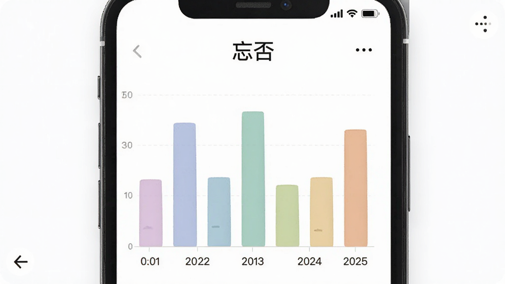 一张忘否情绪趋势图表的手机截图风格图,画面中手机屏幕上显示一周的情绪分布柱状图,颜色柔和,顶部有“忘否”字样,背景是干净的白色,图表下方有简单的日期标注,整体风格清爽,无多余装饰,高画质