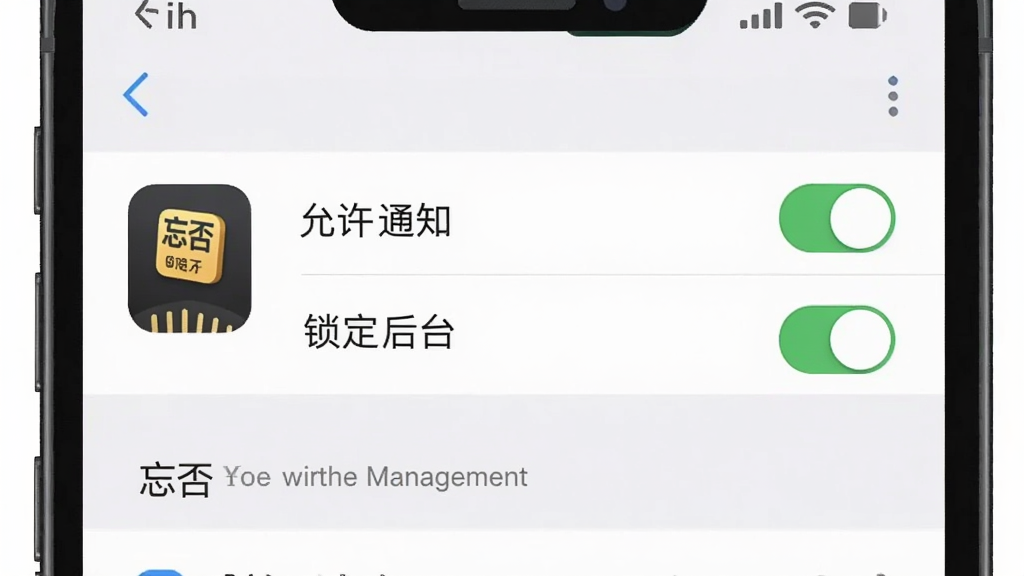 一张展示忘否在手机后台被锁定、通知权限开启的设置界面示意图,画面中手机屏幕显示应用管理页面,忘否图标旁边有“允许通知”和“锁定后台”的开关,背景简洁,风格写实,高画质
