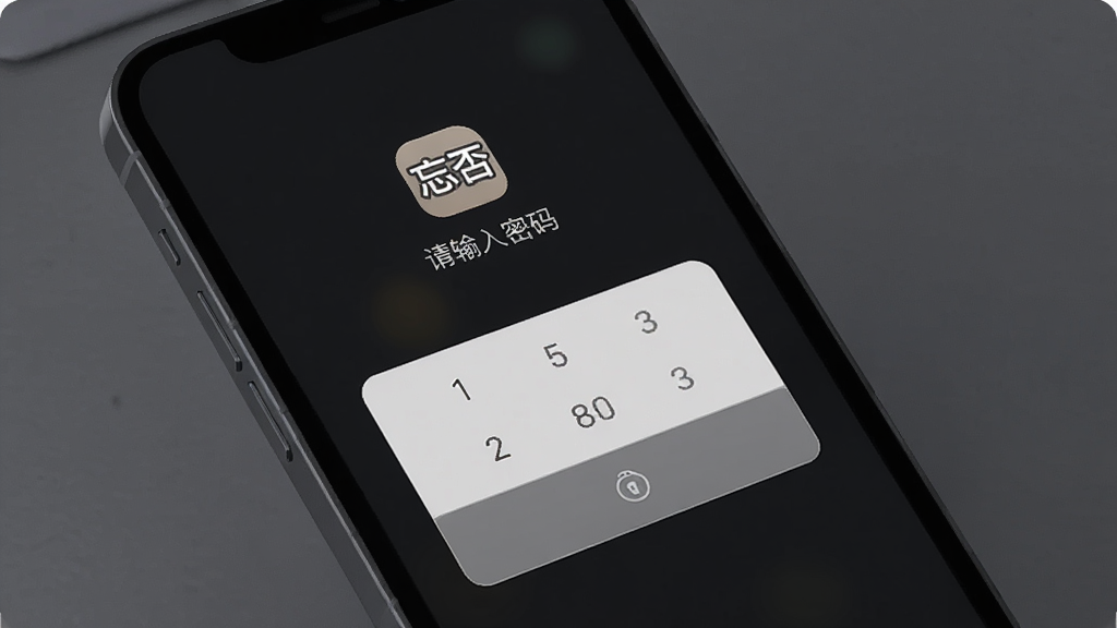 一张忘否隐私锁界面的示意图,画面中手机屏幕显示一个简洁的密码输入框,上方有“忘否”图标和“请输入密码”字样,背景是深色护眼模式,整体氛围安静私密,风格沉稳,高画质,无多余元素