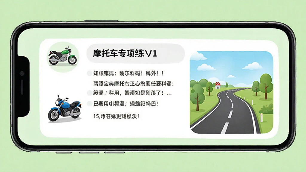 驾照宝典摩托车专项练习界面预览图,画面中手机屏幕显示摩托车科目一题目,题目旁有摩托车图标和道路场景插图,背景为浅绿色,风格友好,细节清晰,画质干净,无多余元素