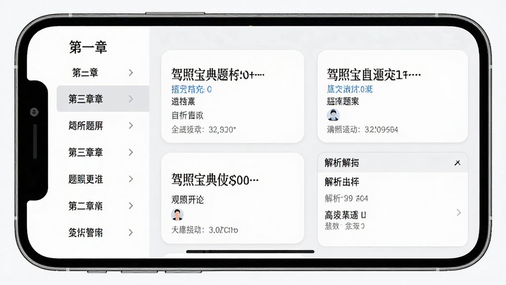 驾照宝典题库更新界面预览图,画面中一部手机横屏展示题库列表,左侧为章节分类菜单,右侧为题目卡片和解析区域,背景为白色与浅灰色搭配,风格干净整洁,细节清晰,画质干净,无多余元素